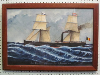 19th Century watercolour drawing "Belgian Merchant Steam  Ship", base marked Julia Bavianen Antwerpen Capt. A  Nollemare 1889" 15" x 23"