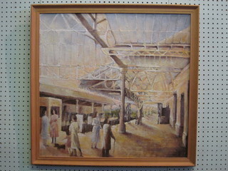 Impressionist oil on board "Railway Station with Figures" 22" x  23"