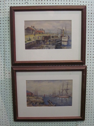 Pair of watercolour drawings "Dock Scenes with Boats" 8" x 12"