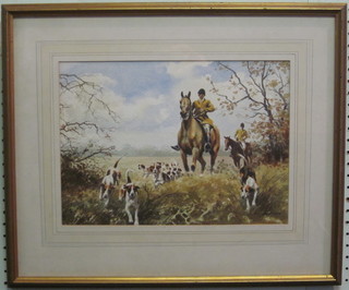 J Isom, watercolour drawing "Huntsman with Fox Hound" 10" x   14" signed to bottom right hand corner