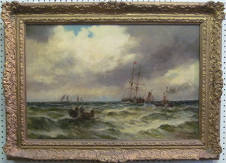 W Martin, oil on canvas "Fishing Boats with Tug and other  Vessels" 15" x 13", patched in places, contained in a gilt frame   ILLUSTRATED