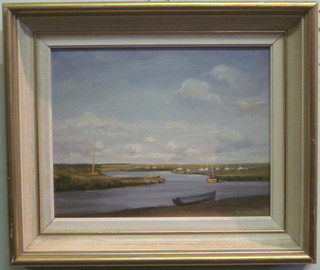 W R Mueller, oil on board "Estuary Scene with Yachts" 7" x 9"