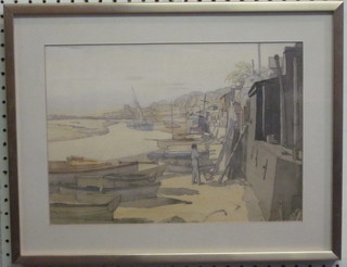 Watercolour drawing "River Bank with Moored Fishing Boats"  10" x 13"