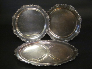 2 circular silver plated platters with bracketed borders 15" and an  oval meat plate 21"