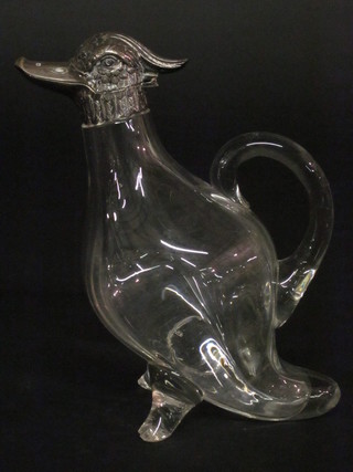 A handsome Edwardian glass and silver mounted claret jug in the  form of a duck, Chester 1900, feet chipped,   ILLUSTRATED