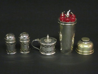 A silver plated cocktail stick holder in the form of a cocktail  shaker and a 3 piece silver plated condiment set comprising salt,  pepper and mustard pot