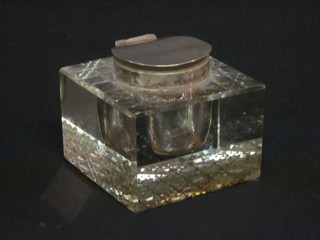 A square cut glass and silver mounted inkwell with hinged lid, Birmingham 1914, 3 1/2" ILLUSTRATED