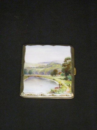 An enamelled cigarette case decorated a rural scene with river,  hills in distance, the interior marked gold cased