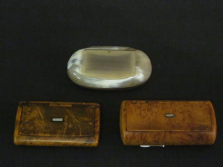 A horn snuff box and 2 19th Century walnut snuff boxes