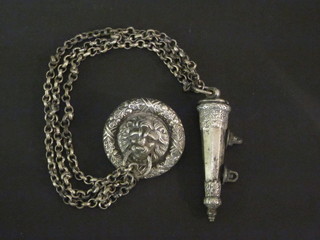 A Victorian white metal pouch belt whistle and chain