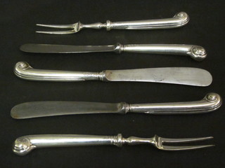 3 silver handled fruit knives and 2 forks with pistol grips