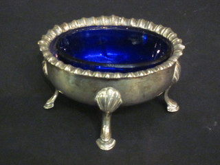 An oval Georgian silver salt, Newcastle, complete with blue glass liner 2 ozs