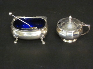 A rectangular silver salt with blue glass liner Birmingham 1928 and a circular mustard pot with blue glass liner Birmingham  1915, 2 ozs
