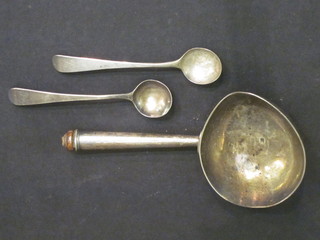 An antique silver ladle together with 2 Georgian silver Old  English pattern mustard spoons