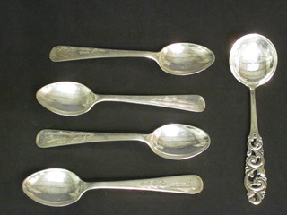 A Norwegian pierced white metal spoon marked 8305, Mylius  Norway, together with 4 Eastern white metal teaspoons