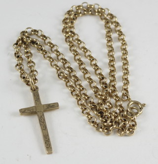 A gilt metal belcher link chain hung a 9ct gold cross