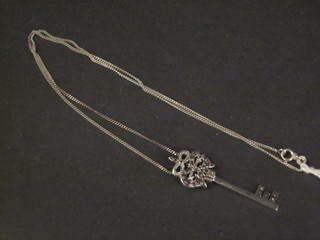 A fine silver chain hung a silver key pendant