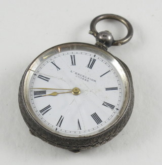 A lady's fob watch with enamelled dial contained in a chased  silver case