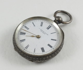 A Continental open faced fob watch contained in a chased silver  case