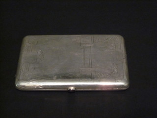 An Eastern white metal cigarette case with cabouchon cut button, marked 84,