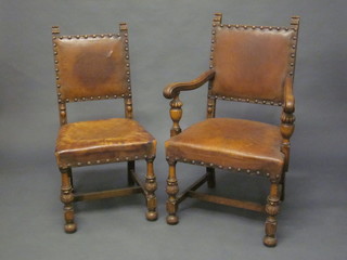A set of 6 oak framed Cromwellian style dining chairs - 1 carver,  5 standard, the seats and backs upholstered in leather, raised on  turned supports