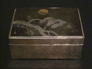 An Oriental Padouk and silver trinket box with lid with niello decoration 6"
