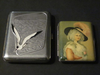 A "Russian" cigarette case decorated diving bird, together with a lady's cigarette cased decorated a portrait of a Gainsborough  lady,