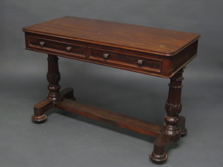 A Victorian rectangular mahogany side table fitted 2 drawers  raised on turned supports with plank shaped stretcher, 44"   ILLUSTRATED