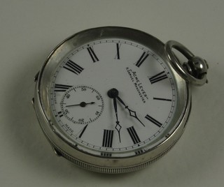 An open faced pocket watch with enamelled dial contained in a silver case