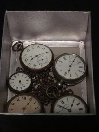 A fob watch contained in a gun metal case hung on a multi link  chain, together with 4 pocket watches