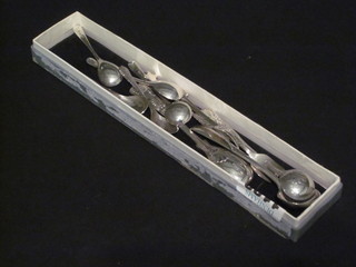2 silver mustard spoons, an old English pattern mustard spoon, 2  pickle forks and 5 silver condiment spoons, 2 ozs