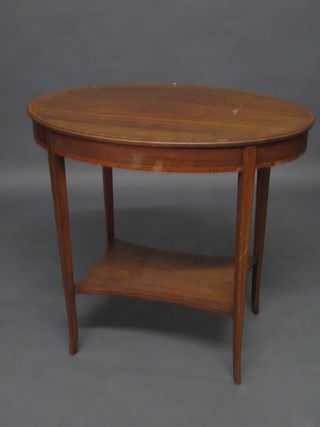 An Edwardian oval inlaid mahogany occasional table with  undertier, raised on square tapering supports 29"