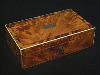 A 19th Century rectangular tortoiseshell trinket box with ivory stringing and hinged lid 8 1/2"