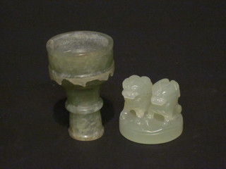 A jade coloured pedestal bowl 3" and a jade figure of 2 dogs of  fo 2"