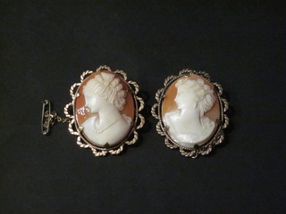 2 shell carved cameo brooches contained in gold brooch mounts