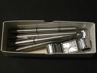 A Citizen wristwatch, a Seiko wristwatch and 3 Parker Pens  contained in chromium cases