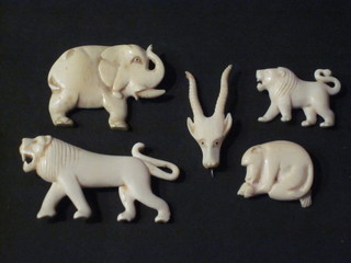 5 various carved ivory brooches in the form of animals
