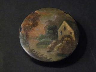 A 19th Century cylindrical lacquered box decorated a watermill  scene 3"