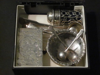 A silver match slip, a silver pepperette, salt, 5 condiment spoons  and a mustard spoon, 3 ozs