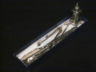 A Georgian silver bladed butter knife, 2 pairs of sugar tongs, 3  coffee spoons and a silver pepperette