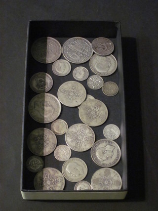 2 George V half crowns 1928 and 1929, a George VI half crown  1939 and a collection of silver coins