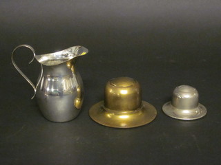 A silver plated cream jug 4", a brass inkwell and a chrome  inkwell