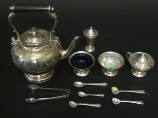 A silver plated spirit kettle, a 3 piece silver plated condiment set comprising a pair of salts, mustard, pepper pot and condiment  spoons