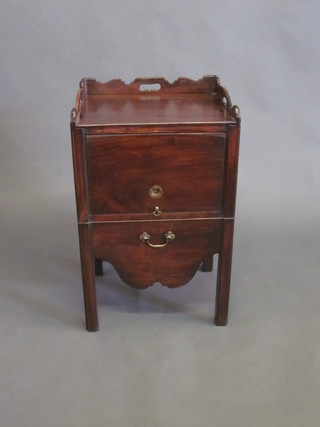A Georgian mahogany tray top commode with three-quarter  gallery, the base fitted a cupboard and drawer 20"