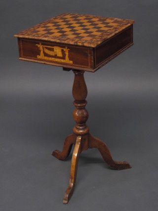 A 19th Century Sorrento inlaid rosewood games/work box, the  top inlaid a chessboard with hinged lid, revealing a fitted interior,  raised on a pillar and tripod base 15"