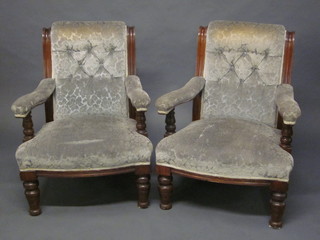 A pair of Victorian mahogany open arm chairs, the seats and backs upholstered in sculptured Dralon