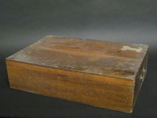 A 19th Century rectangular camphor box with hinged lid and iron drop handles and contents of various ribbons etc 24"