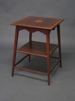 A square Edwardian inlaid mahogany 2 tier occasional table, raised on square tapering supports 20"