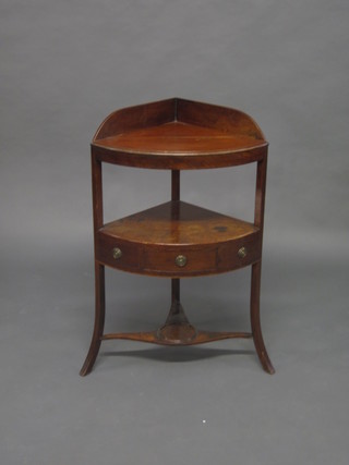 A 19th Century mahogany corner wash stand with raised back,  the base fitted a drawer 22"