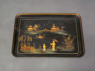 A 19th Century rectangular chinoiserie style lacquered tea tray 23"